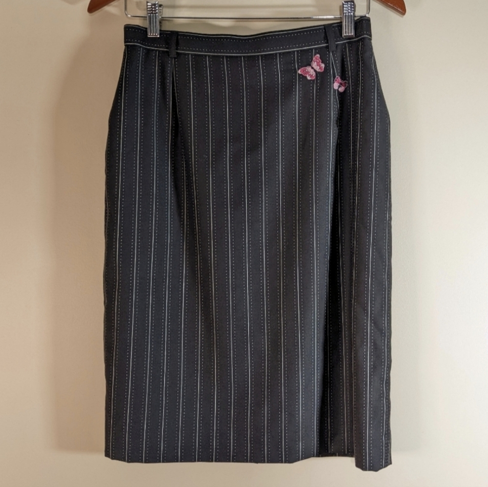 Vintage Escada Black Butterfly Wool Pinstripe Pencil Skirt